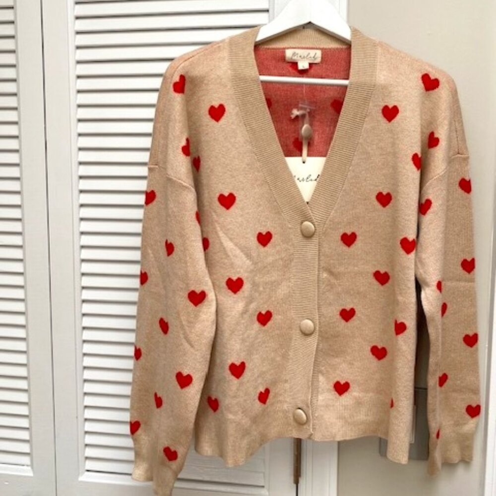 Marled Beige Cardigan with Red Heart Motif